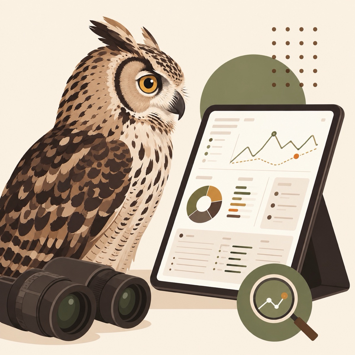 タブレットの分析画面を見るフクロウのイラスト
