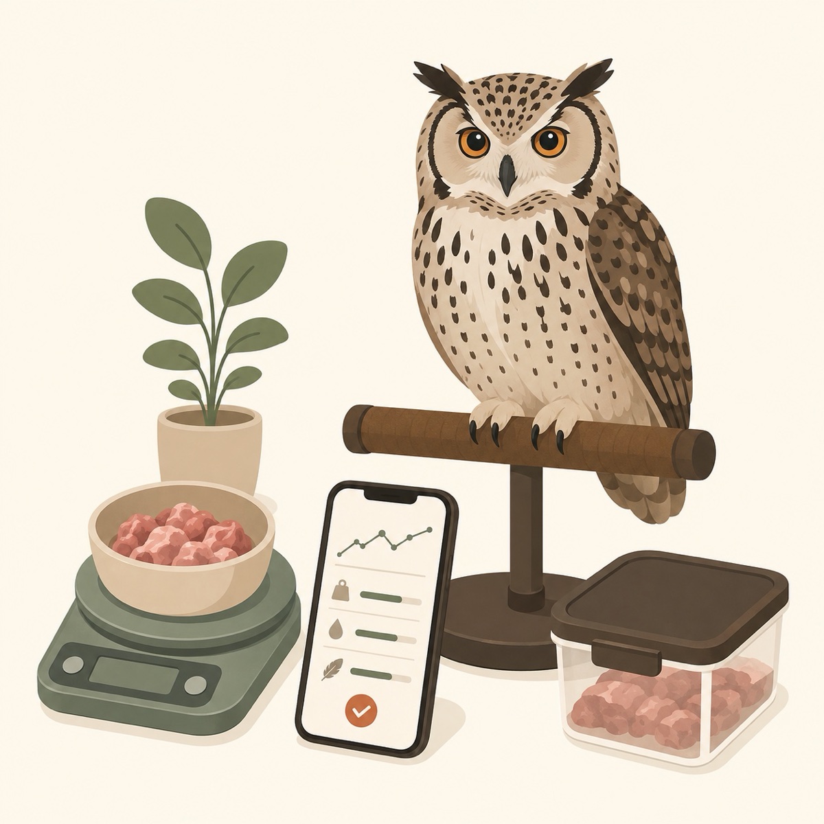 体重を計測されるフクロウと、記録アプリのイラスト